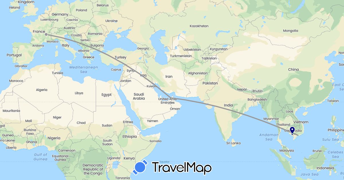 TravelMap itinerary: driving, bus, plane in United Arab Emirates, France, Cambodia, Vietnam (Asia, Europe)