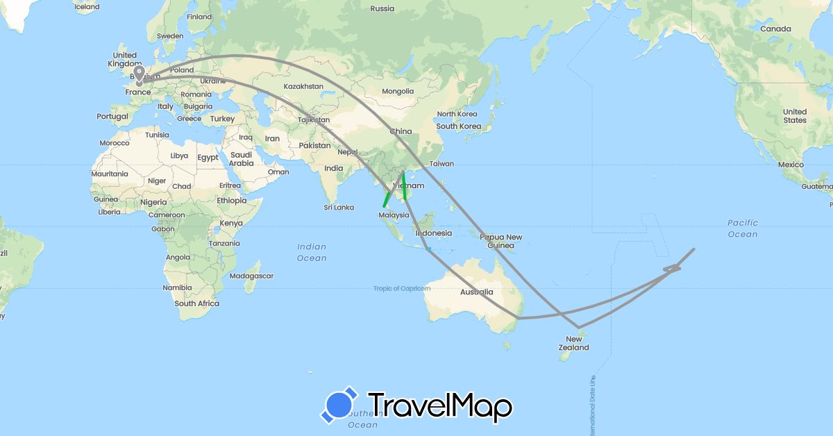 TravelMap itinerary: driving, bus, plane, boat in Australia, France, Hong Kong, Indonesia, New Zealand, French Polynesia, Thailand, Vietnam (Asia, Europe, Oceania)