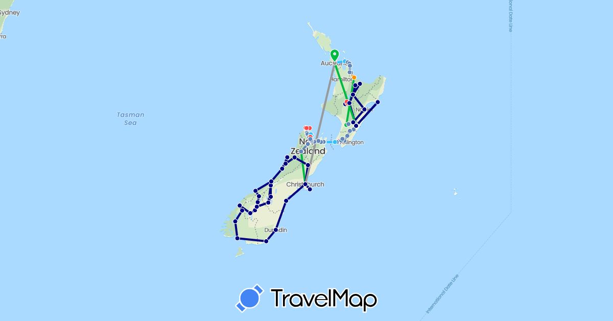 TravelMap itinerary: driving, bus, plane, cycling, train, hiking, boat, hitchhiking in New Zealand (Oceania)